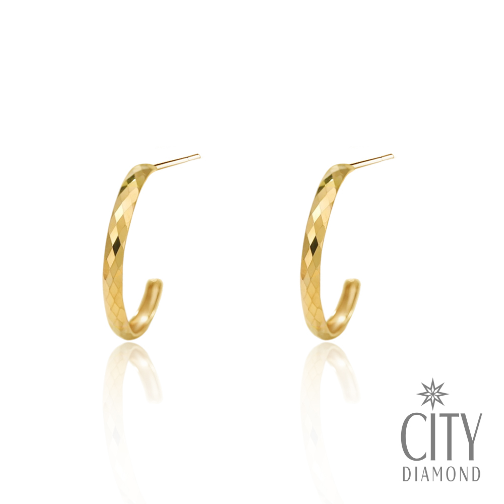 【City Diamond 引雅】18K日本黃K金菱形刻面閃耀斗圈造型耳環(東京Yuki系列)