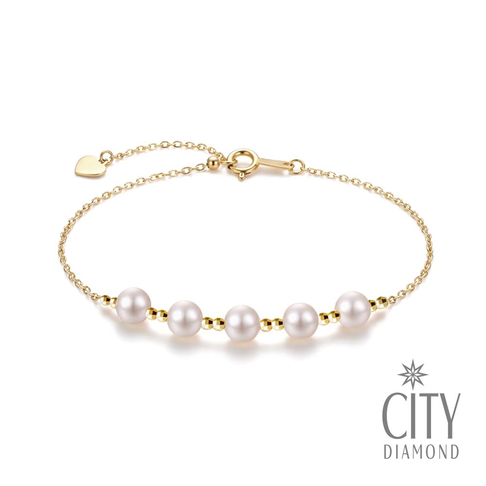 【City Diamond 引雅】『時光隧道』18K日本AKOYA珍珠4.5mm黃K金手鍊(東京Yuki系列)