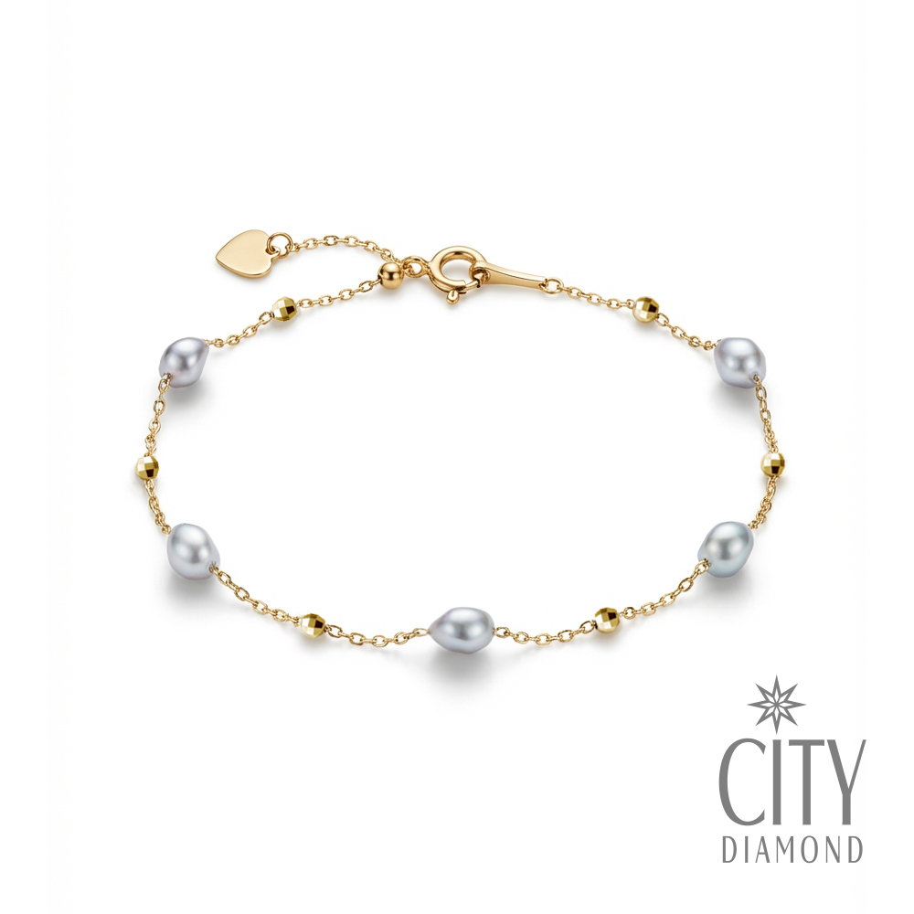 【City Diamond 引雅】『灰色與青』18K日本AKOYA珍珠4mm真多麻色黃K金手鍊(東京Yuki系列)