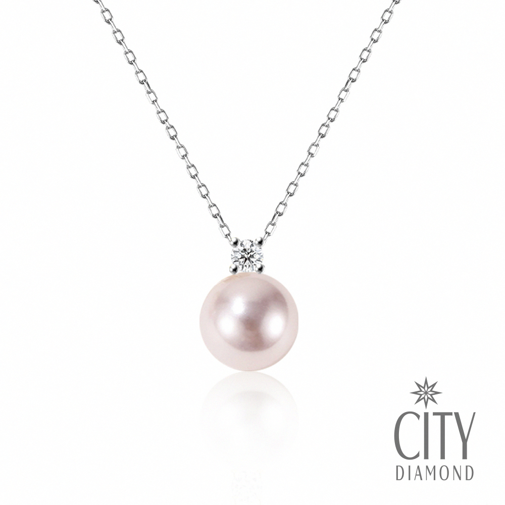 【City Diamond 引雅】日本鉑金AKOYA珍珠7mm單顆鑽石四爪造型項鍊(東京Yuki系列)