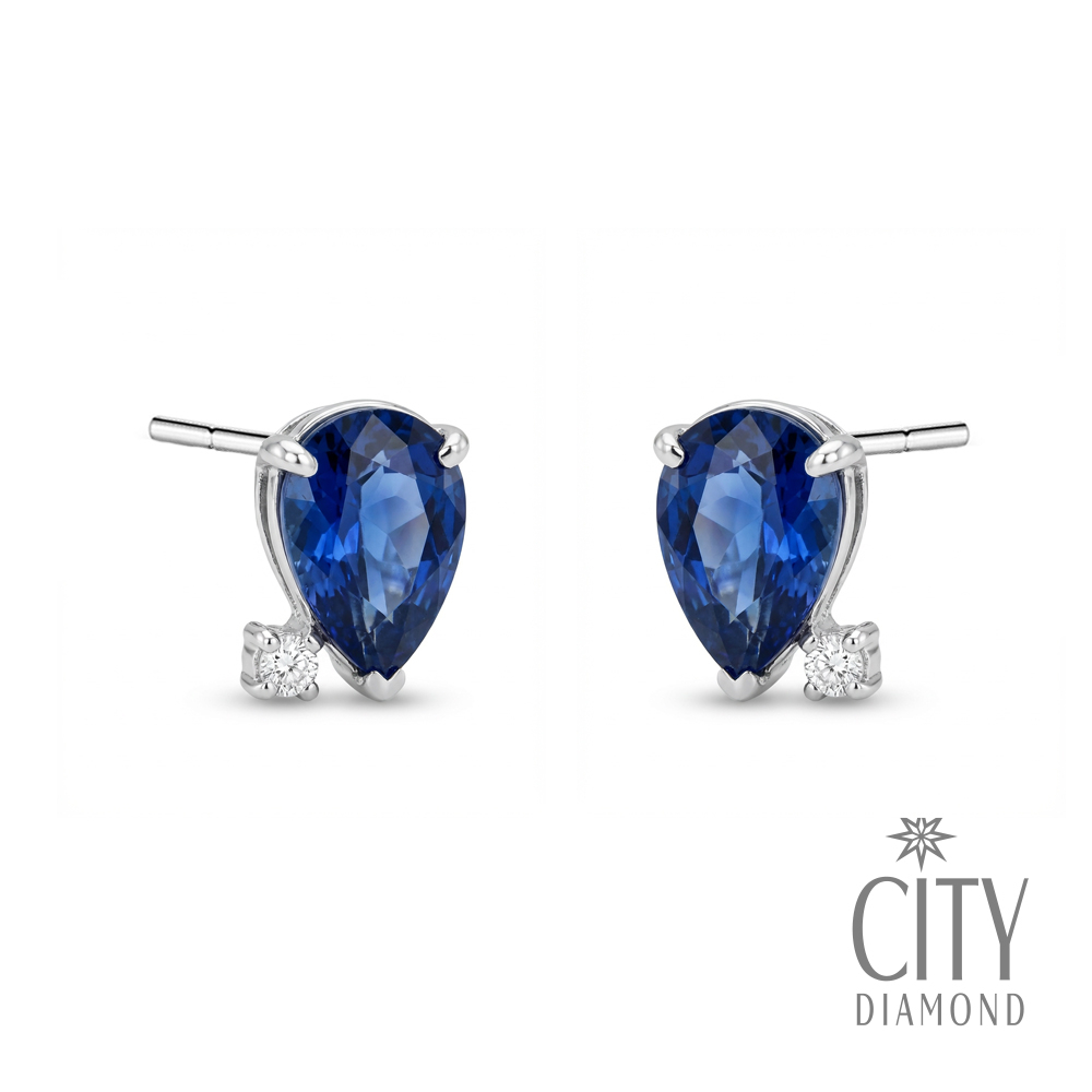 【City Diamond 引雅】日本 鉑金 天然藍寶石 1.8克拉 水滴 造型 鑽石 耳環(東京Yuki系列)