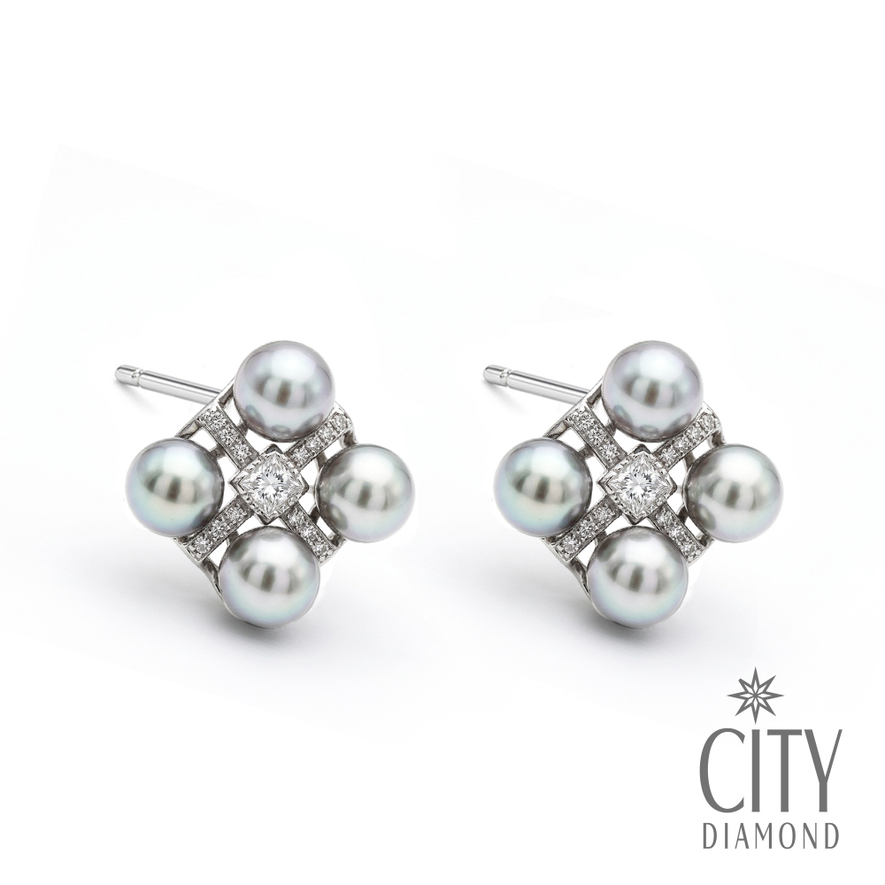 【City Diamond 引雅】網路獨家 日本AKOYA珍珠 4-4.5mm 真多麻色 純銀 水鑽 耳環 (東京Yuki系列)