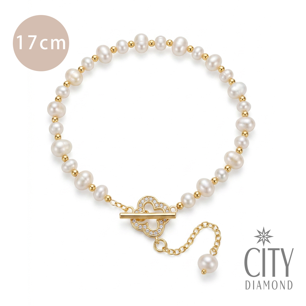 【City Diamond 引雅】天然珍珠 幸運草 水鑽 造型 手鍊-17cm (珠潤月詠系列)