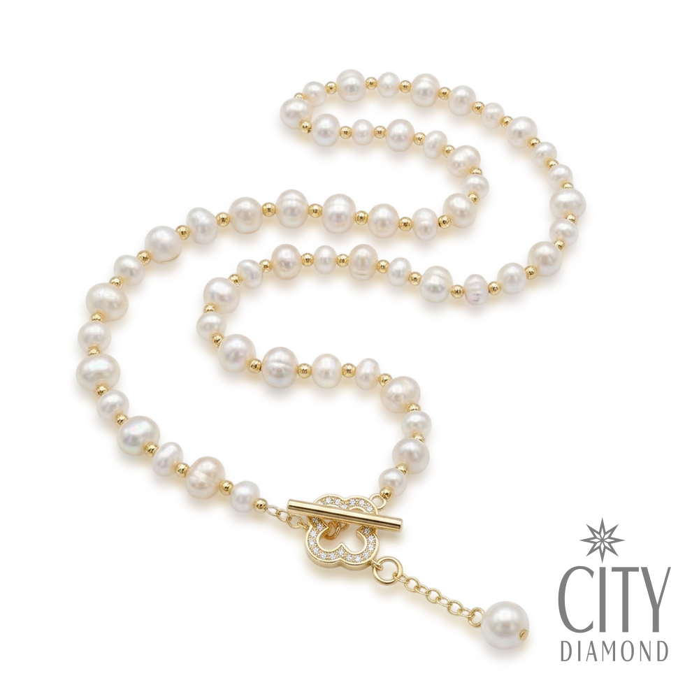【City Diamond 引雅】天然珍珠 4-5mm 幸運草 水鑽 造型 項鍊 Y字鍊 (珠潤月詠系列)