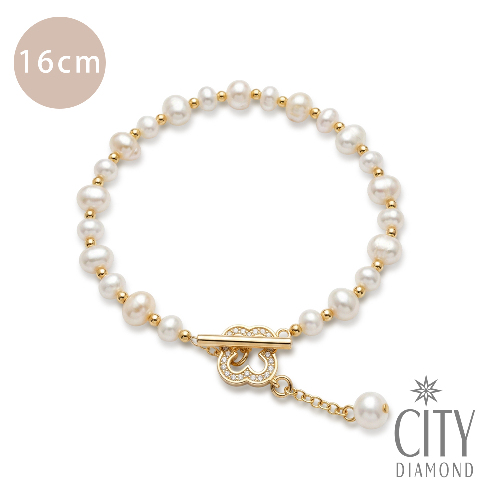 【City Diamond 引雅】天然珍珠 幸運草 水鑽 造型 手鍊-16cm (珠潤月詠系列)
