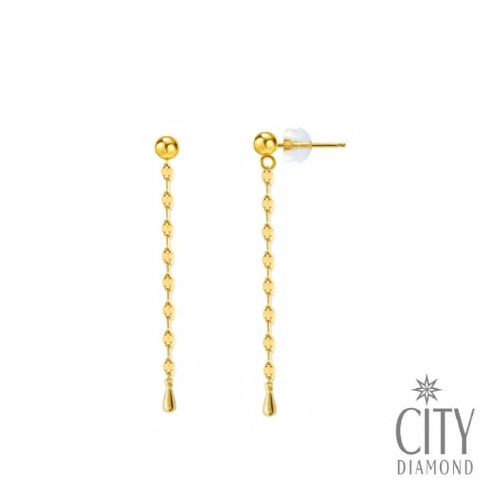 【City Diamond 引雅】18K日本亮片垂吊水滴黃K金線耳環(東京Yuki系列)