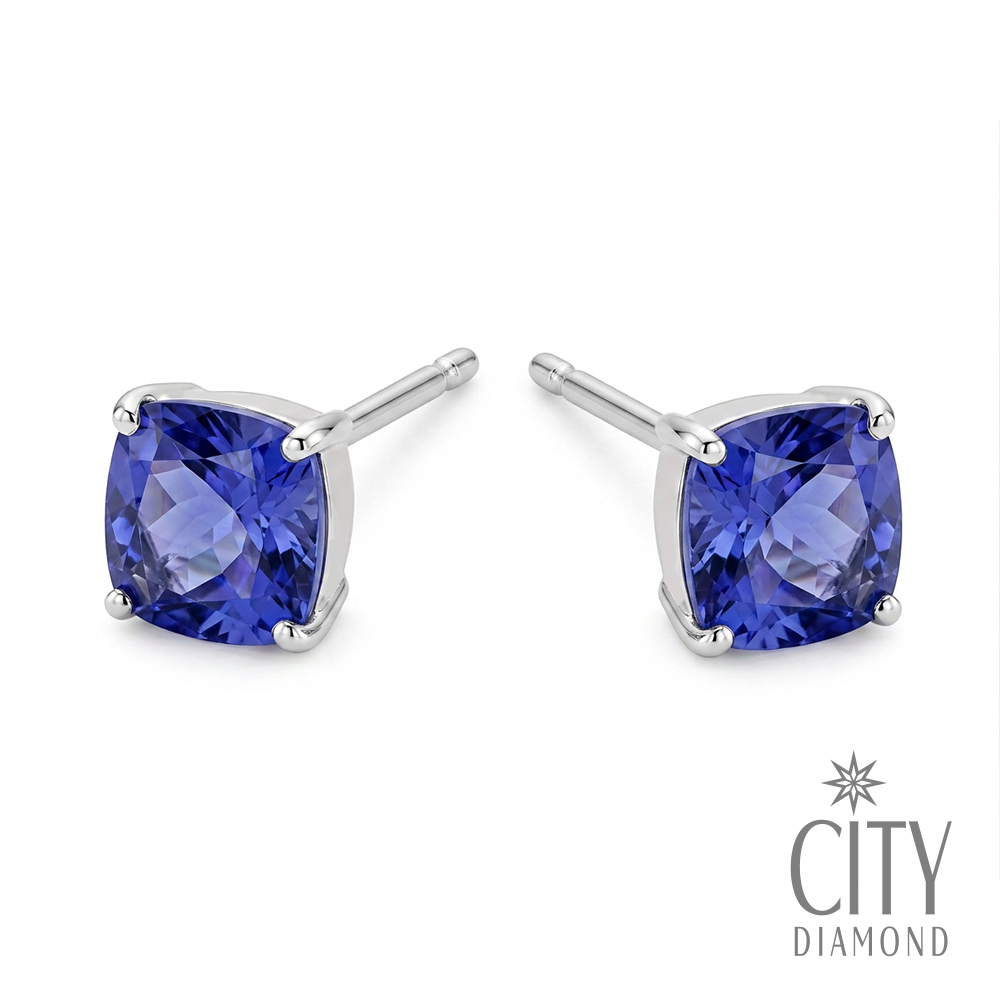 【City Diamond 引雅】日本 鉑金 坦桑石 丹泉石 方形 60分 四爪 耳環(東京Yuki系列)