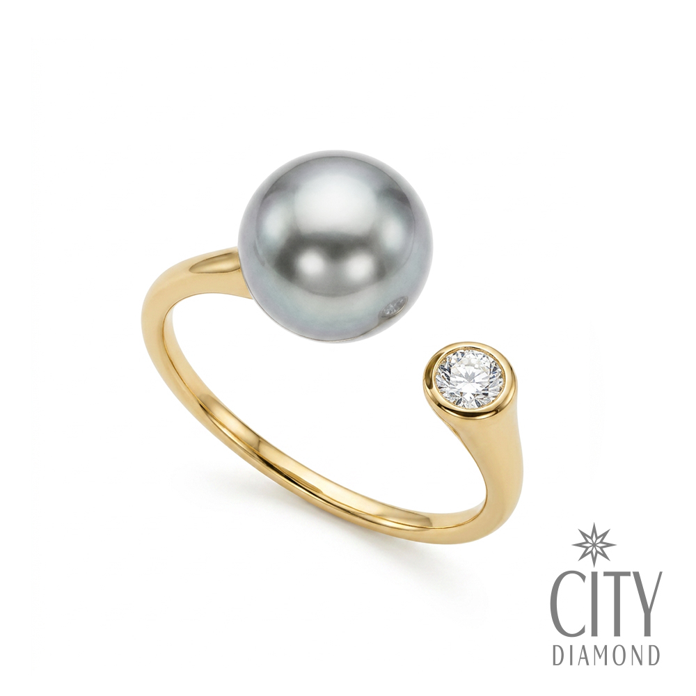 【City Diamond 引雅】日本AKOYA珍珠 真多麻色 7-8mm 純銀 開口式 水鑽 戒指(東京Yuki系列)