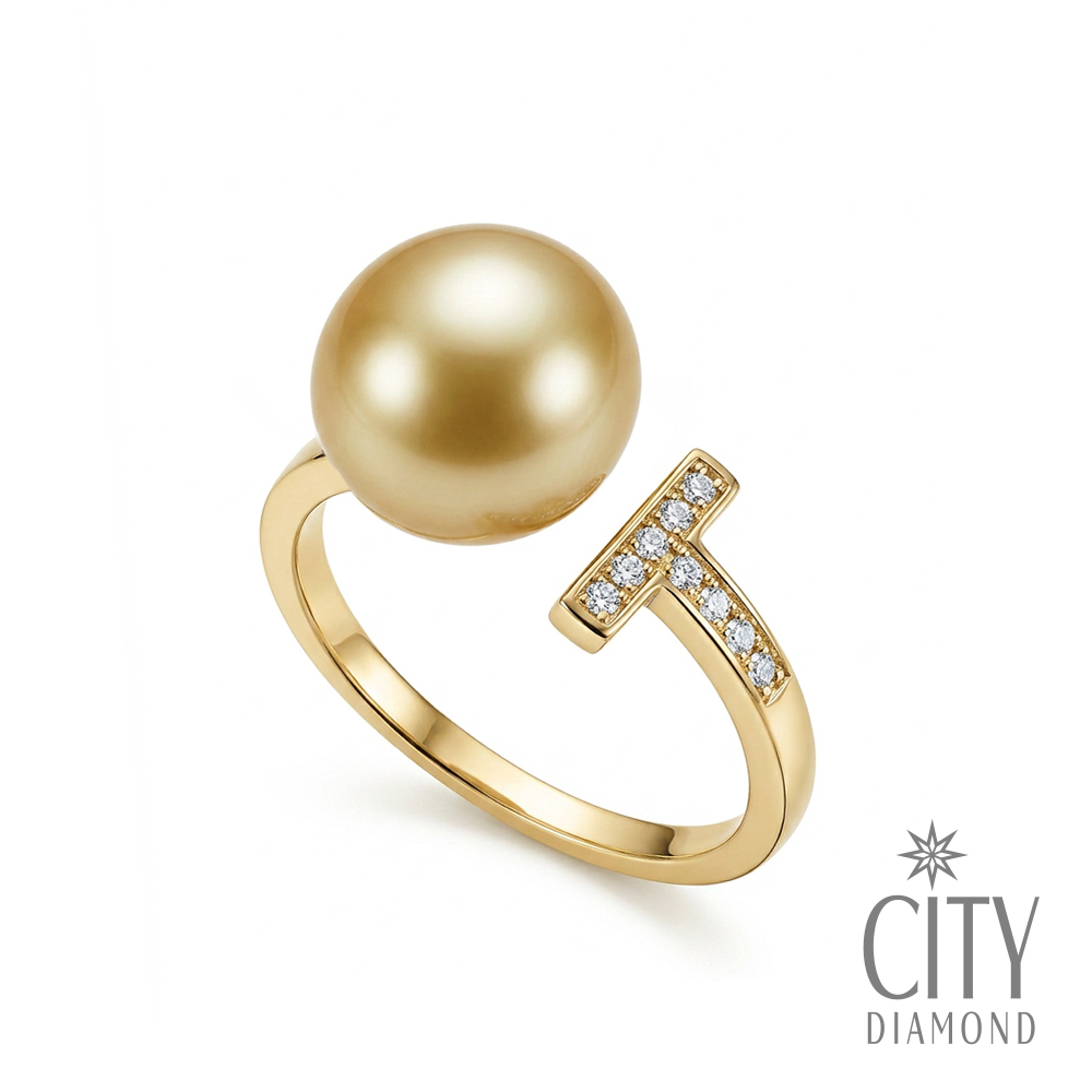【City Diamond 引雅】網路獨家 日本南洋珍珠 金珠 9-10mm 純銀 水鑽 開口式 戒指(東京Yuki系列)