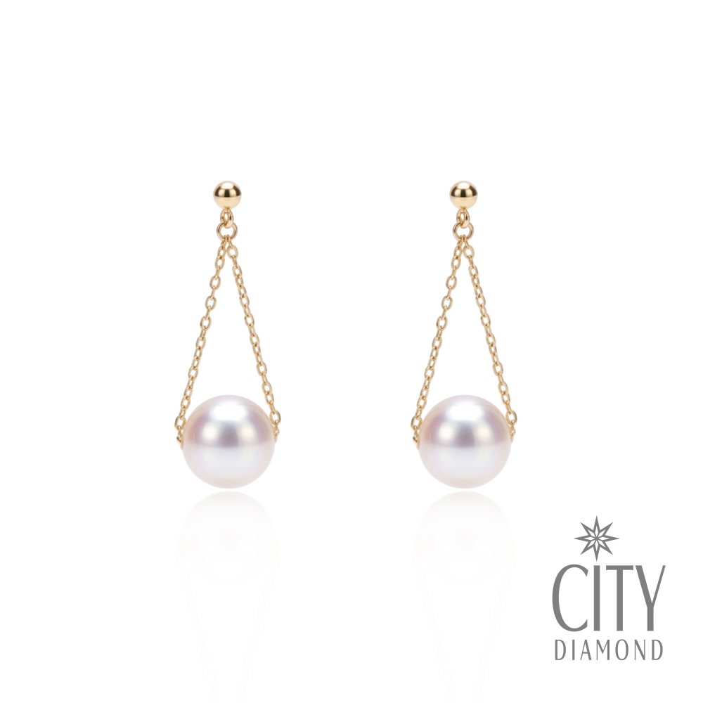 【City Diamond 引雅】網路獨家 18K 日本 AKOYA 珍珠 7mm 黃K金 垂掛耳環 (東京Yuki系列)