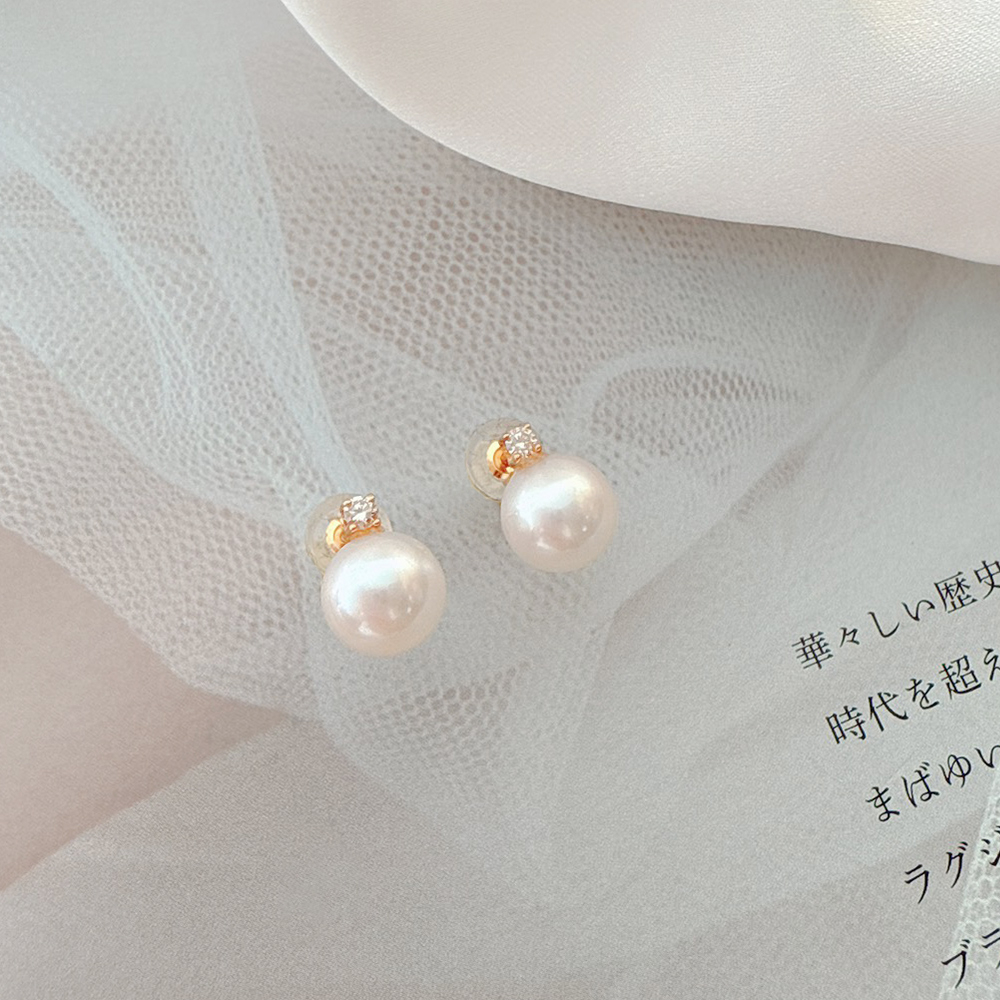 【City Diamond 引雅】網路獨家 『光芒』18K日本AKOYA珍珠7.5-8mm黃K金鑽石耳環(東京Yuki系列)