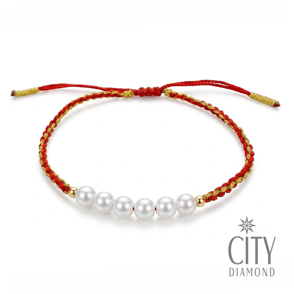 【City Diamond 引雅】18K 天然珍珠 4.5mm 金球 紅線 設計 伸縮 手鍊 (東京Yuki系列)