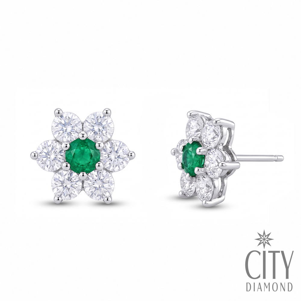 【City Diamond 引雅】網路獨家 天然祖母綠 15分 晶鑽 白K金 鋯石 花形 耳環 (浮光流影系列)