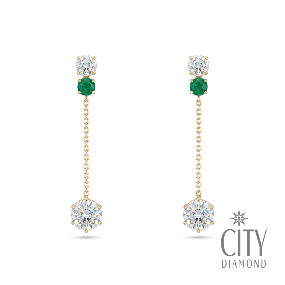 【City Diamond 引雅】18K 日本 垂掛 祖母綠 黃K金 設計 耳環(東京Yuki系列)