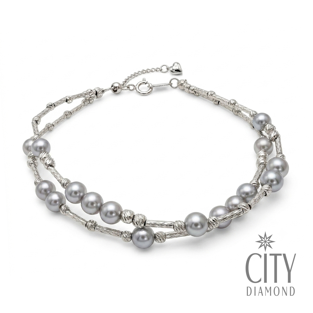 【City Diamond 引雅】網路獨家 日本 AKOYA珍珠 真多麻色 4-4.5mm 純銀 雙層 伸縮 手鍊 (東京Yuki系列)