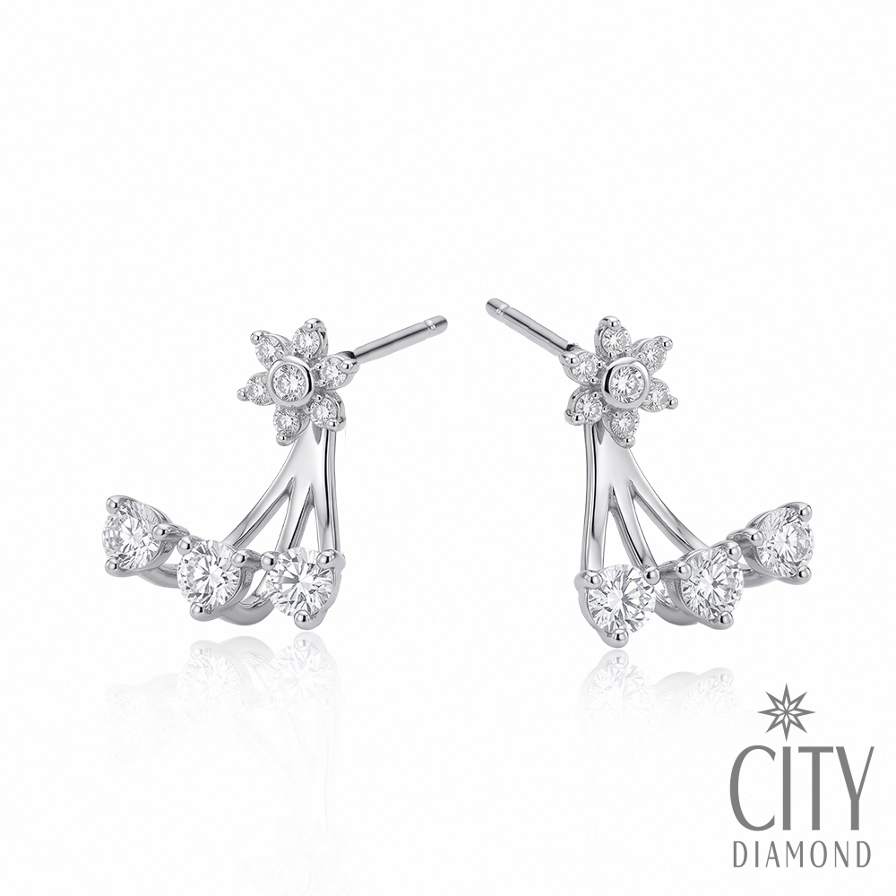 【City Diamond 引雅】『花語』晶鑽 白K金 花型 兩用式 耳環 (浮光流影系列)