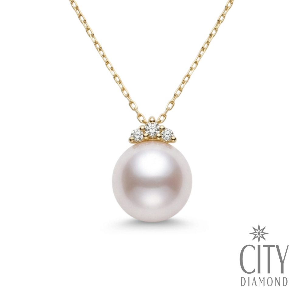 【City Diamond 引雅】『小禮帽』18K 日本AKOYA珍珠 7.5mm 天然鑽石 黃K金 項鍊 (東京Yuki系列)