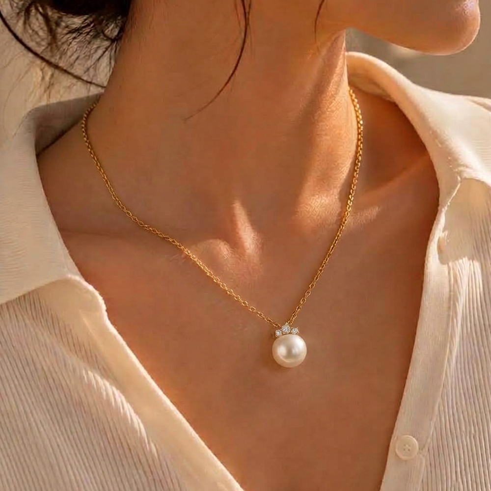 【City Diamond 引雅】『小禮帽』18K 日本AKOYA珍珠 7.5mm 天然鑽石 黃K金 項鍊 (東京Yuki系列)
