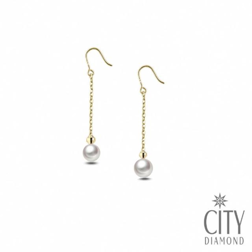【City Diamond 引雅】網路獨家 18K日本AKOYA珍珠5-6mm黃K長垂耳環(東京Yuki系列)