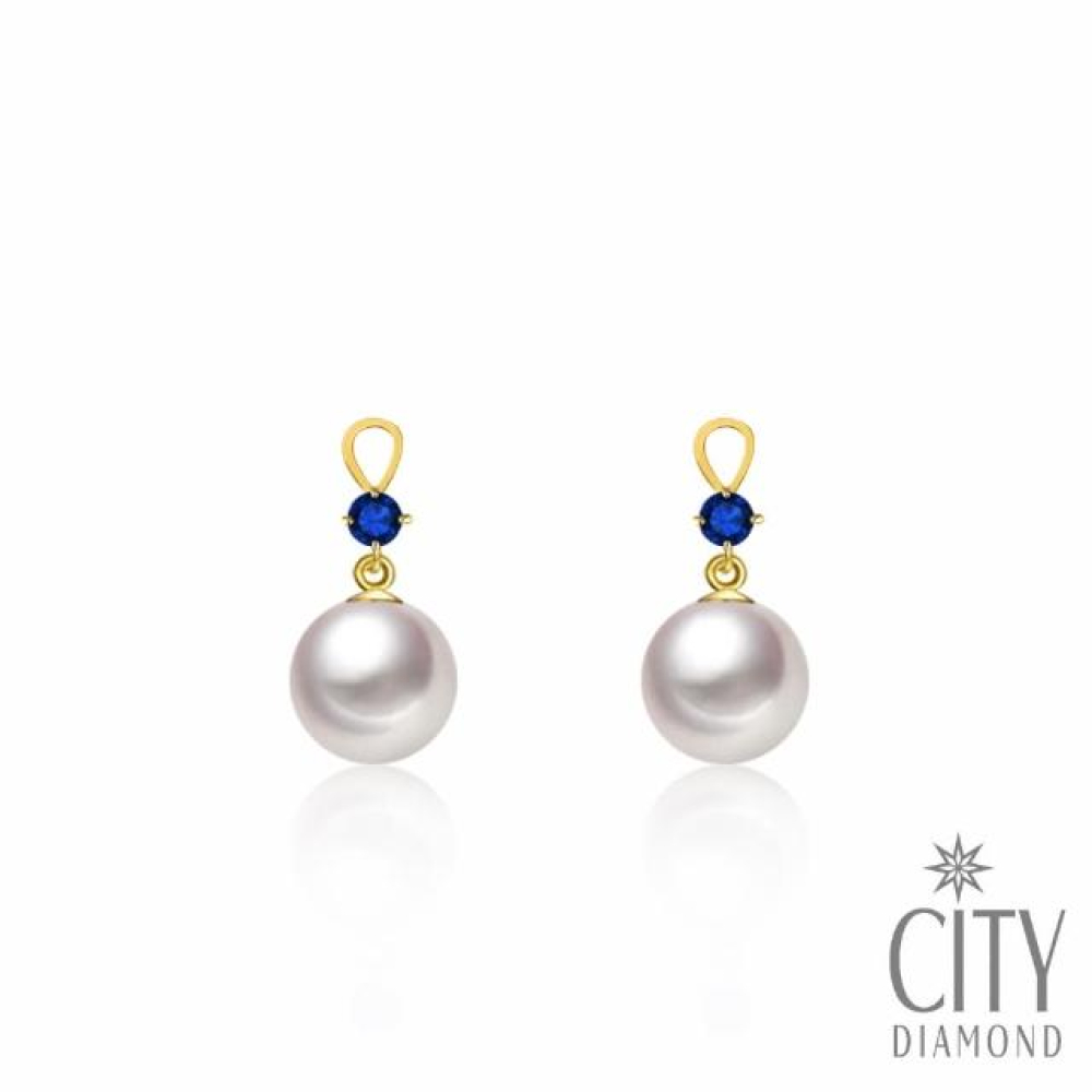 【City Diamond 引雅】『詩人漫步』18K日本AKOYA珍珠6.5mm藍寶石黃K金短掛耳環(東京Yuki系列)